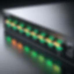 A close-up view of an unmanaged network switch with LED indicators.