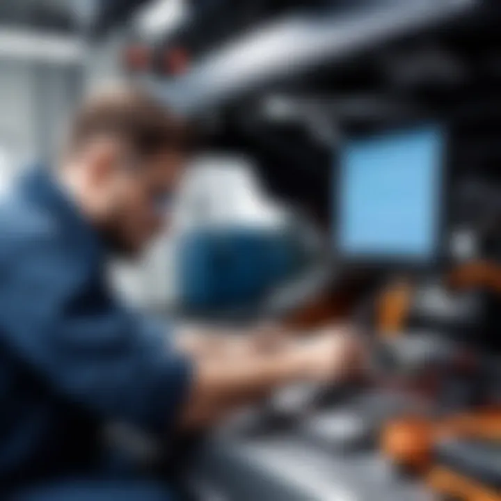 A technician utilizing automotive maintenance software tools
