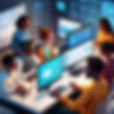 Illustration of a digital learning environment showcasing diverse learners interacting with an LMS
