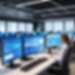 A modern call centre workspace showcasing advanced telephony systems and equipment.