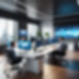 A modern office environment showcasing digital collaboration tools