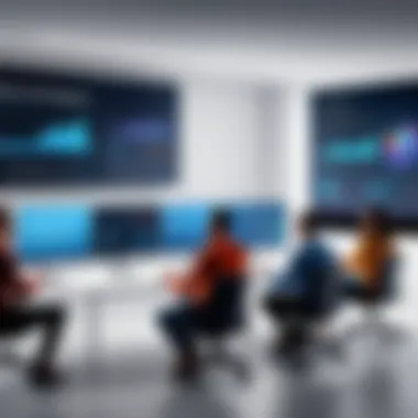 Team Engagement with Marketing Software A business team engaging with marketing software